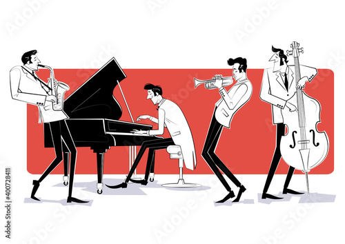 Vector illustration of a Jazz band with double-bass, trumpet, saxophon and piano on red background.