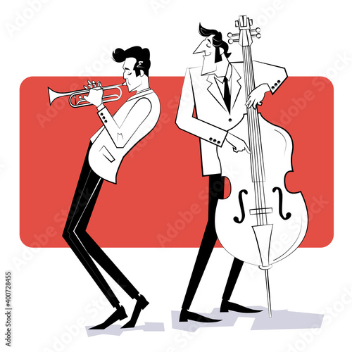 Concept for jazz poster. Two men playing trumpet and double bass on red background. Sketch style illustration.