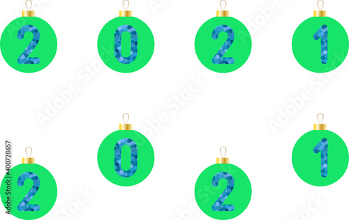 Vector image of the year 2021 on Christmas tree toy decoration for holiday - blue number on green background