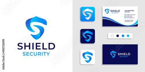 Shield logo initial letter S and business card design template inspiration
