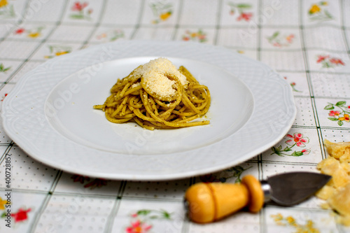 Pesto Genovese Spaghetti with Parmigiano Reggiano cheese