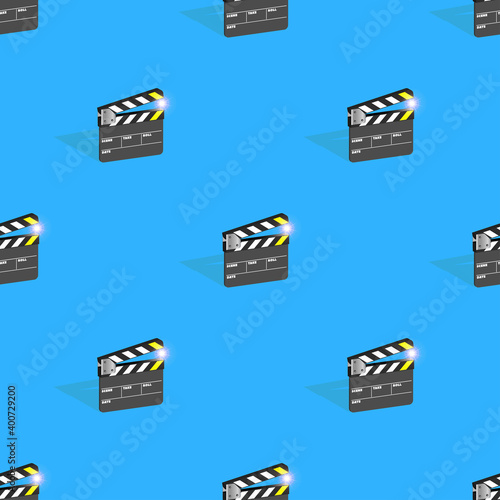 Seamless pattern with clipping mask. 3d clapperboards staggered. Bright glow. Blue background. EPS10