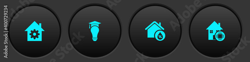 Set Smart home settings, Light bulb and graduation cap, House humidity and icon. Vector.