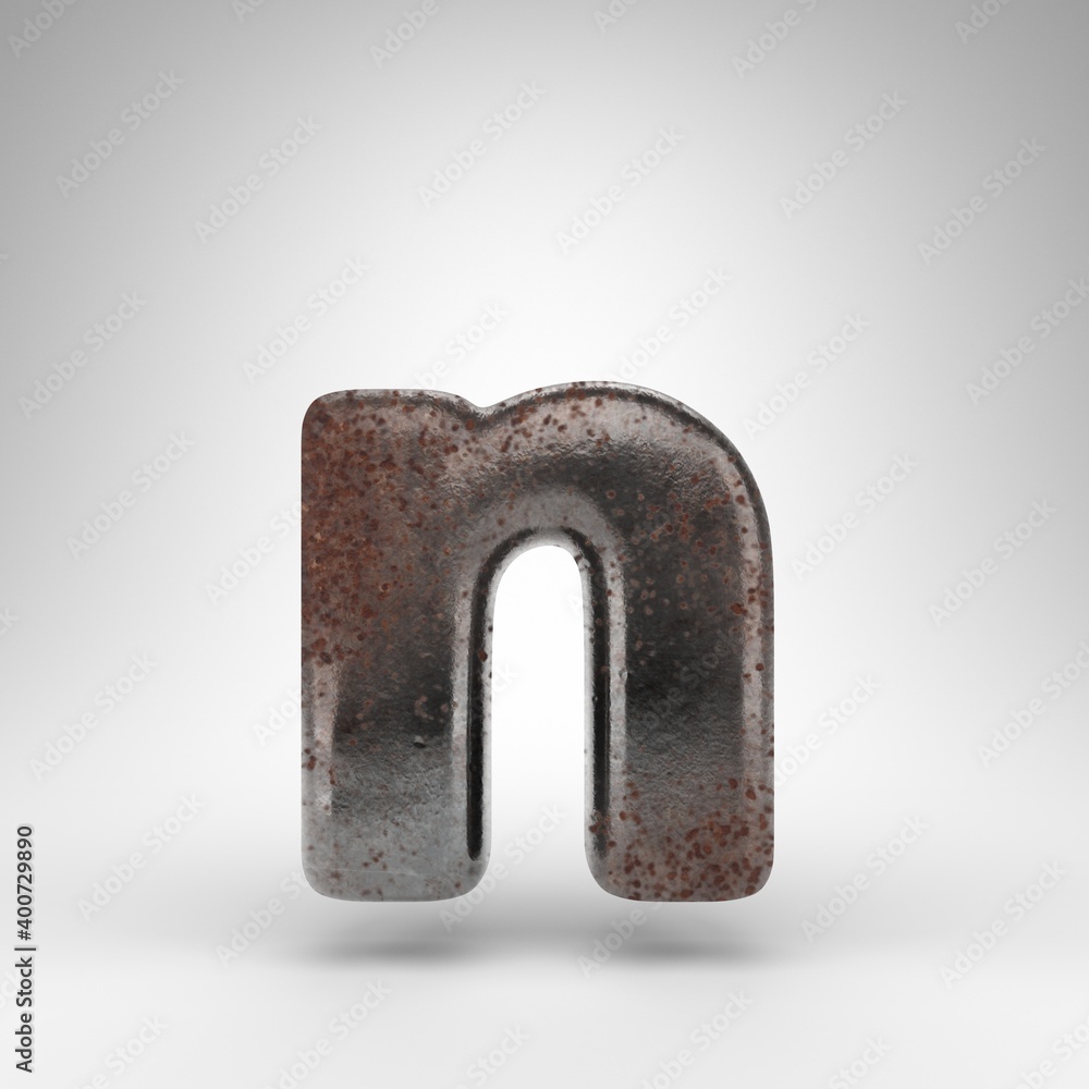 Letter N lowercase on white background. Rusty metal 3D letter with oxidized texture. Letter N lowercase on white background. Rusty metal 3D letter with oxidized texture.