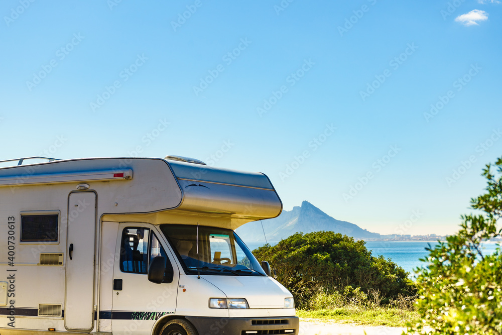 Caravan on spanish coast, Gibraltar rock on horizon