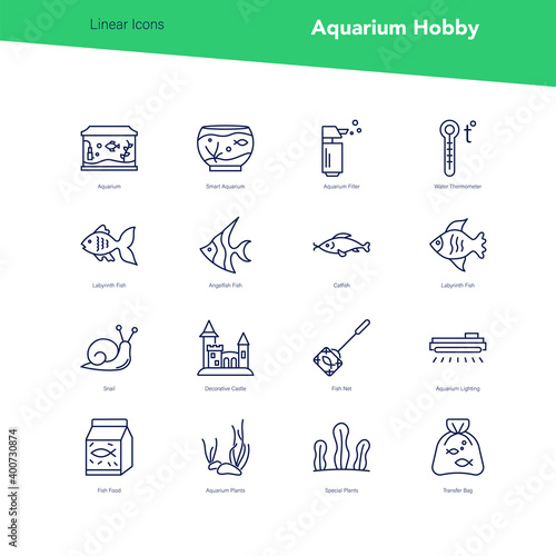 Vector banner set of linear icons, aquarium hobby