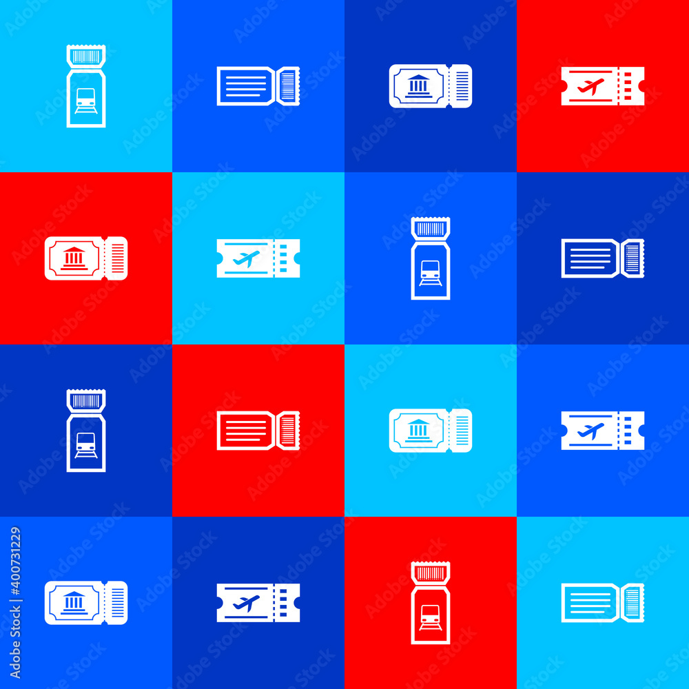 Set Train ticket, Ticket, Museum and Airline icon. Vector. Set Train ticket, Ticket, Museum and Airline icon. Vector.