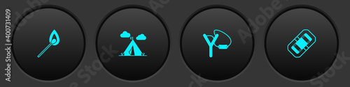Set Burning match with fire, Tourist tent flag, Slingshot and Rafting boat icon. Vector.