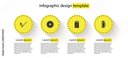 Set Burning match with fire, Compass, Open matchbox and matches and Thermos container. Business infographic template. Vector.