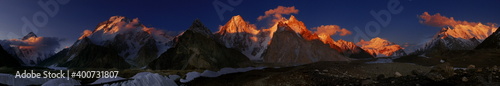 panoramic view of mountains in Karakorum range in sunset , snow mountains of baltoro  photo