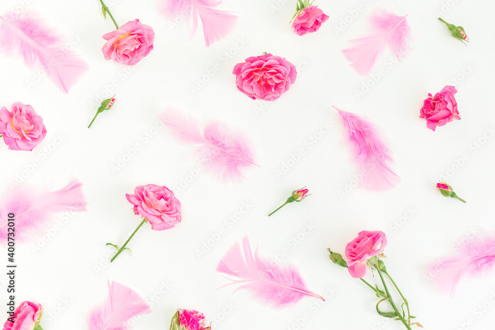 Floral pattern with pink roses and feathers on white background. Flat lay