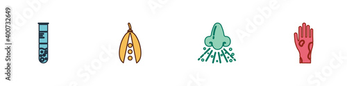 Set Test tube and flask, Kidney beans, Runny nose and Hand with psoriasis or eczema icon. Vector.
