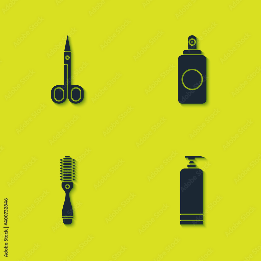 Set Scissors, Cream cosmetic tube, Hairbrush and Spray can icon. Vector. Set Scissors, Cream cosmetic tube, Hairbrush and Spray can icon. Vector.