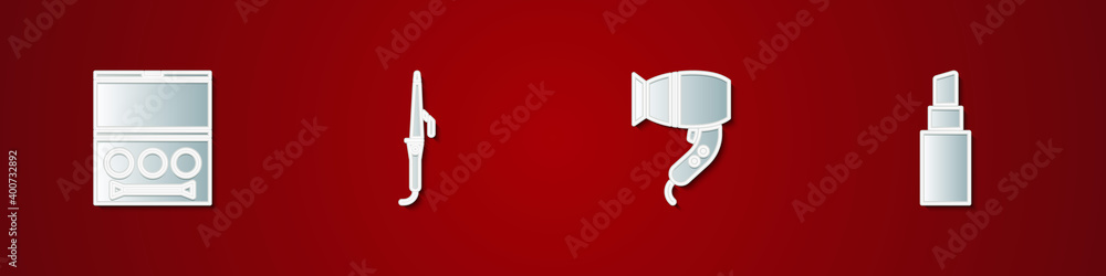 Fototapeta premium Set Eye shadow palette, Curling iron, Hair dryer and Lipstick icon. Vector.