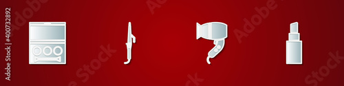 Set Eye shadow palette, Curling iron, Hair dryer and Lipstick icon. Vector.