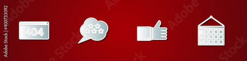 Set Page with a 404 error, Five stars rating review, Hand thumb up and Calendar icon. Vector.