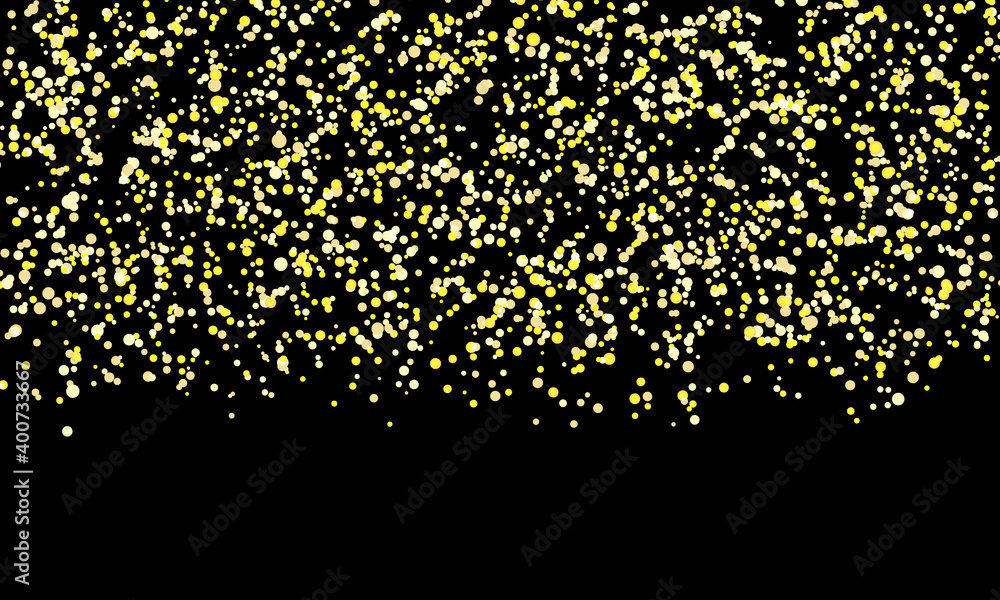Falling confetti. Golden polka dot background. Gold glitter texture.