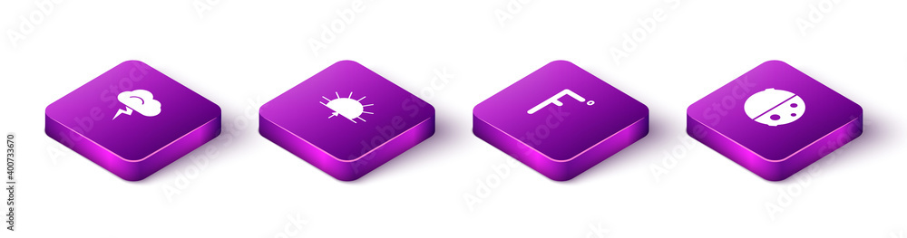 Set Isometric Storm, Sunrise, Fahrenheit and Eclipse of the sun icon. Vector. Set Isometric Storm, Sunrise, Fahrenheit and Eclipse of the sun icon. Vector.