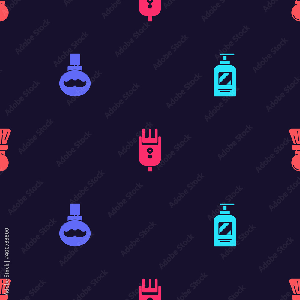 Set Bottle of shampoo, Beard and mustaches care oil bottle, Electrical hair clipper or shaver and Shaving brush on seamless pattern. Vector. Set Bottle of shampoo, Beard and mustaches care oil bottle, Electrical hair clipper or shaver and Shaving brush on seamless pattern. Vector.