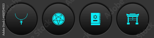 Set Christian cross on chain, Pentagram circle, Jewish torah book and Japan Gate icon. Vector.