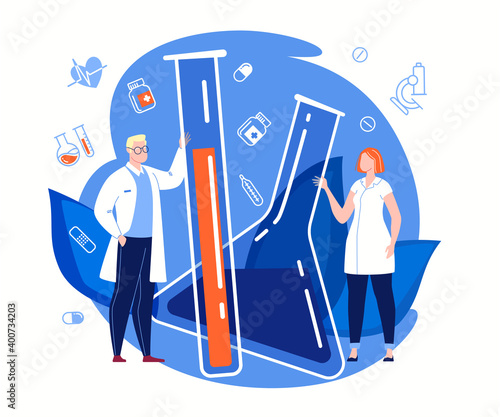 Science Researching Lab. Medical Research. Laboratory Diagnostic Services. Health Protection Program. Medical Device Design and Development. Molecular Engineering Concept. Illustration. Vector.