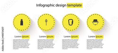 Set Canteen water bottle, Burning match with fire, Carabiner and Camping hat. Business infographic template. Vector.