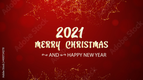 2021 Merry Christmas and happy New Year. White text on a red background  bokeh. Gold dust. Vector xmas  holiday illustration.