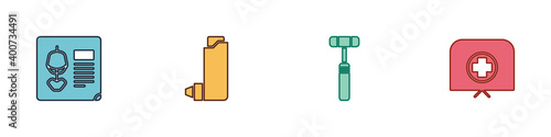 Set X-ray shots, Inhaler, Neurology reflex hammer and Nurse hat with cross icon. Vector.