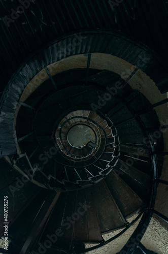 Old Vintage Spiral Staircase In Abandoned Mansion House. Top View. 