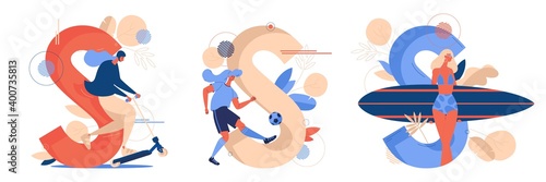 Letter s for soccer, scooter riding and surfing. Concept sport illustration with women training drawn in vibrant colors isolated on white.