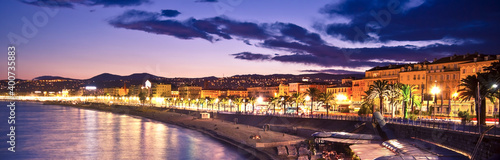 The beach and the waterfront of Nice at night, France.