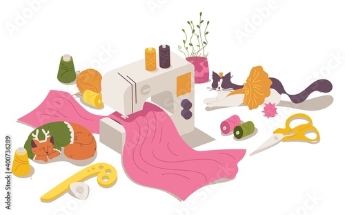Concept scene of seamstress workplace with cats in clothes, greenery and sewing accessories items isolated on white. Cartoon interior scene