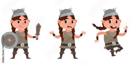 Baby viking in different poses. Female child in cartoon style.