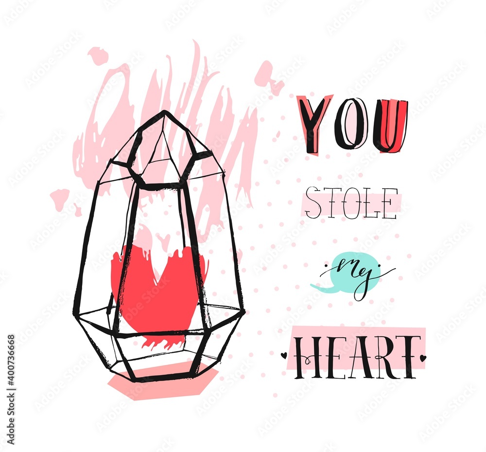 Hand drawn vector abstract graphic Love concept greeting card design with rough heartt in glass terrarium and modern calligraphy phase You stole my heart in pastel color isolated on white background Hand drawn vector abstract graphic Love concept greeting card design with rough heartt in glass terrarium and modern calligraphy phase You stole my heart in pastel color isolated on white background