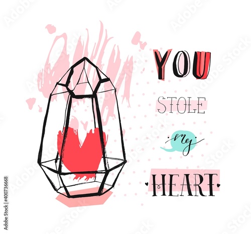 Hand drawn vector abstract graphic Love concept greeting card design with rough heartt in glass terrarium and modern calligraphy phase You stole my heart in pastel color isolated on white background