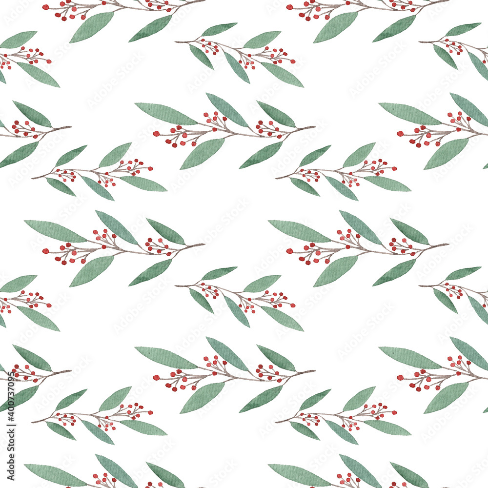 Seamless pattern with watercolor green twigs and red berries. Christmas, holiday, plant. Seamless pattern with watercolor green twigs and red berries. Christmas, holiday, plant.