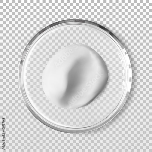 Skincare cosmetic product sample on glass petri dish isolated realistic vector illustration. Concept laboratory tests and research