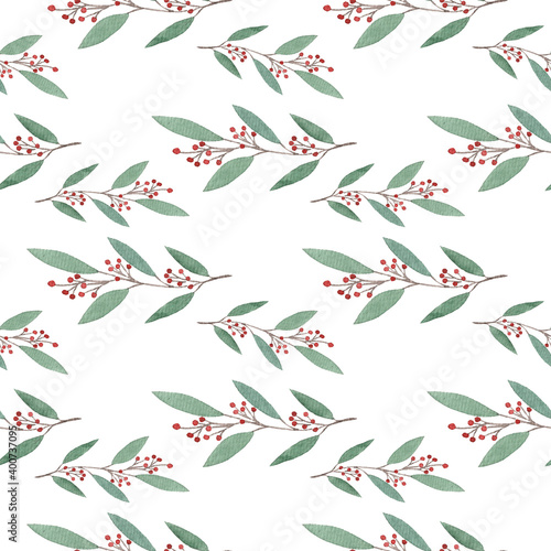 Seamless pattern with watercolor green twigs and red berries. Christmas, holiday, plant.