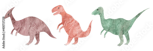 Set with watercolor dinosaurs isolated on white background. Cute dino illustrations for kids.