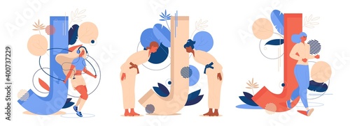 Concept illustration with large letters J and sport women isolated on white. Jumping rope, judo or jiu jitsu and jogging characters drawn in vibrant blue and orange