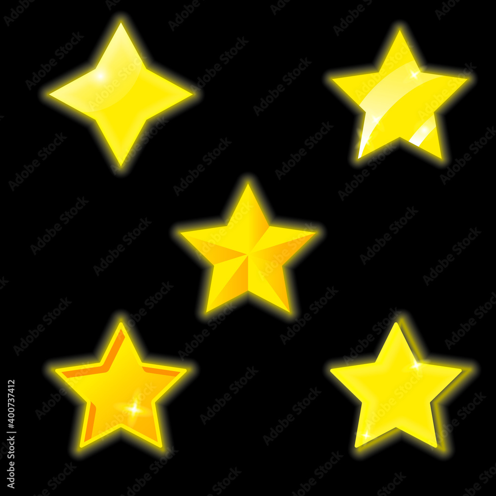 Fototapeta premium Vector set of sparkling golden stars on the black background