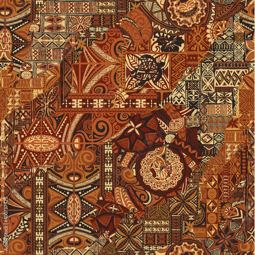Hawaiian style tapa fabric patchwork abstract vintage vector seamless pattern 
