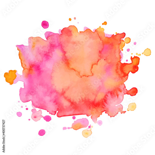 Abstract pink-orange watercolor spot with droplets, smudges, stains, splashes.