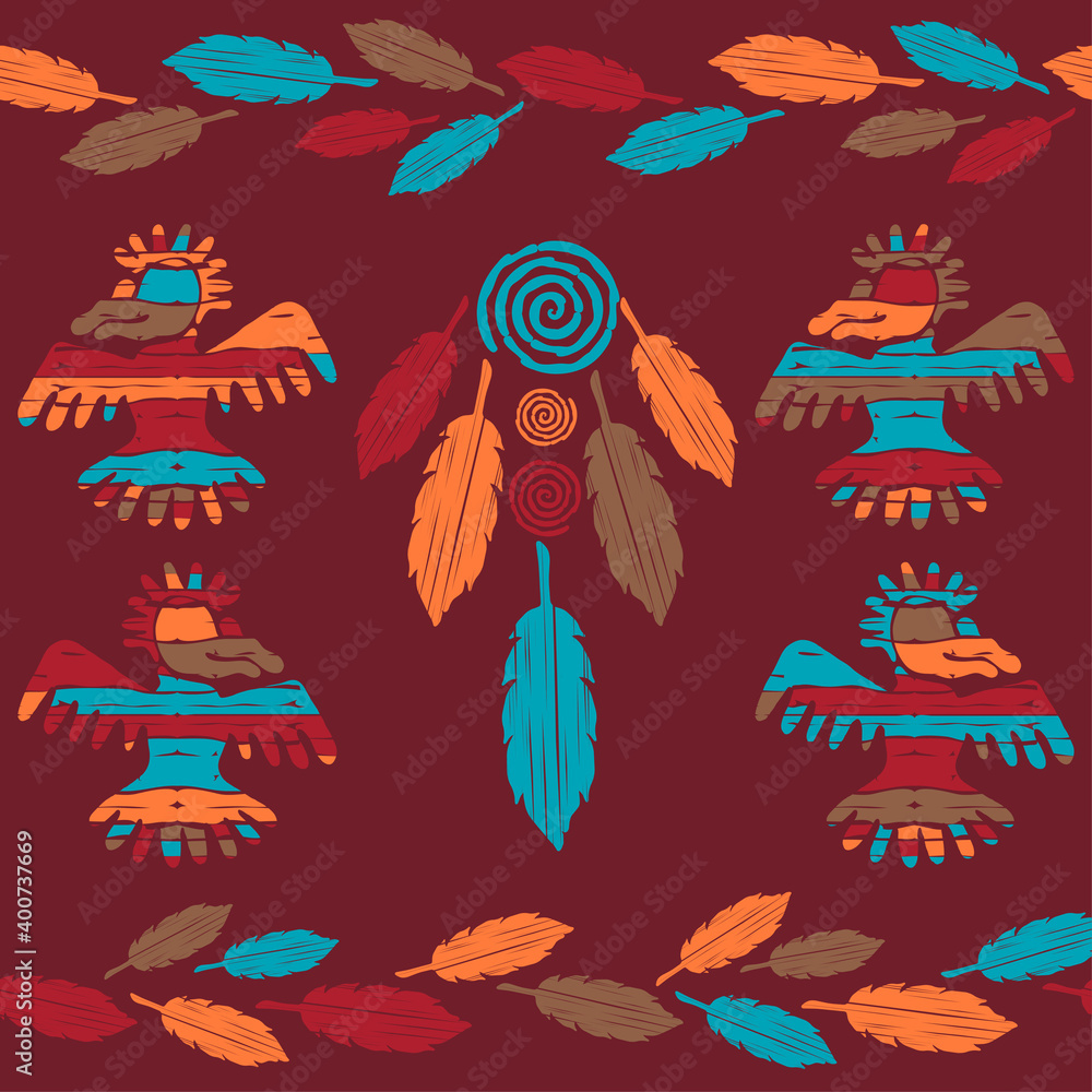 Eagle and feathers. The amulet. Native american indian accessories. Seamless pattern. Vector illustration for web design or print.