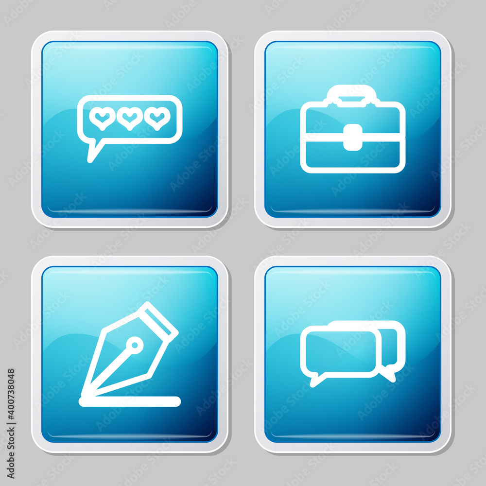 Set line Like and heart, Toolbox, Fountain pen nib and Chat icon. Vector. Set line Like and heart, Toolbox, Fountain pen nib and Chat icon. Vector.