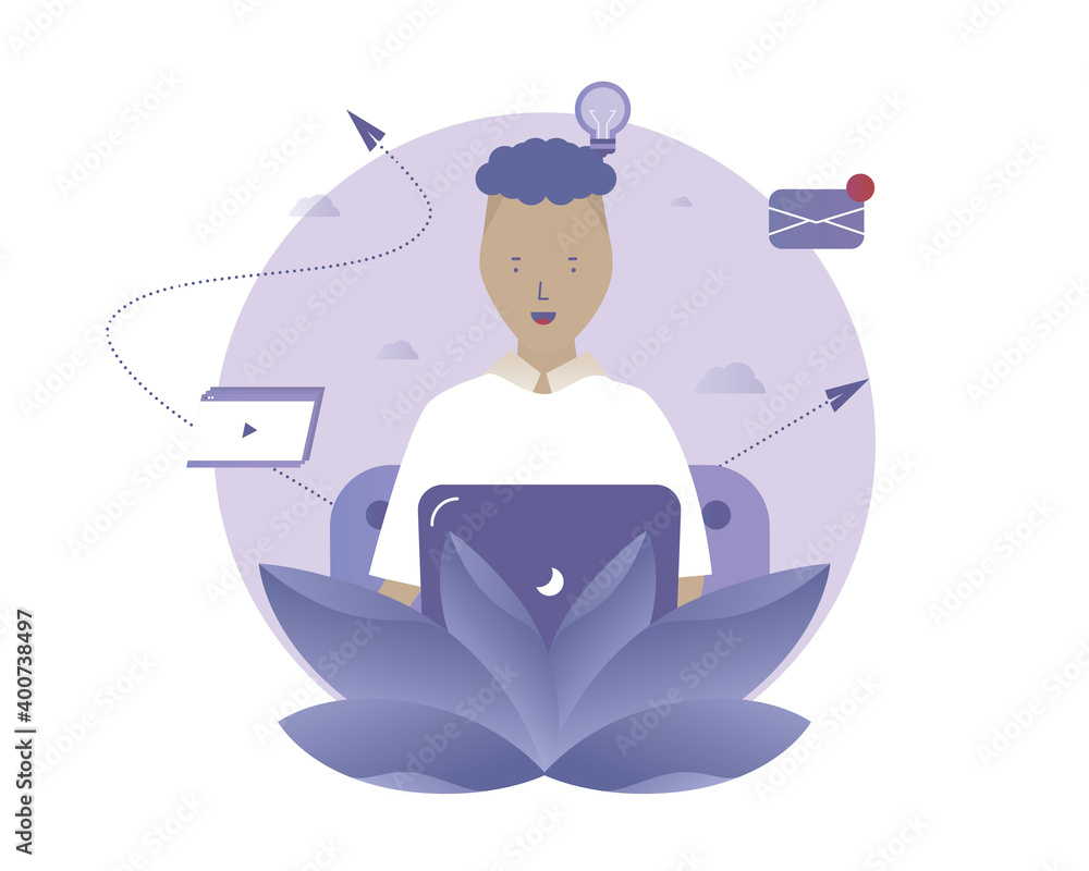A man works at home online in his computer. Vector illustration with Web communication idea for telework, remote working and freelancing concept
A man works at home online in his computer. Vector illustration with Web communication idea for telework, remote working and freelancing concept
