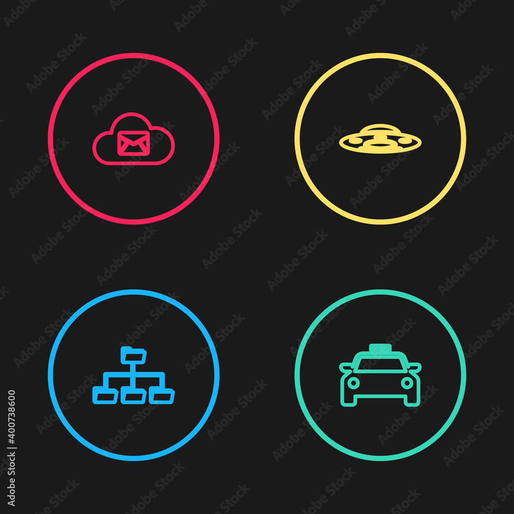 Set line Folder tree, Taxi car, UFO flying spaceship and Cloud mail server icon. Vector. Set line Folder tree, Taxi car, UFO flying spaceship and Cloud mail server icon. Vector.