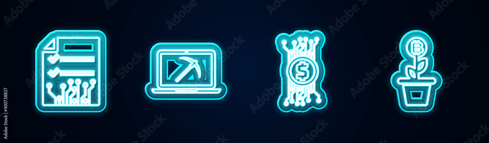 Set line Smart contract, Mining with laptop and pickaxe, Cryptocurrency bitcoin circuit and Bitcoin plant the pot. Glowing neon icon. Vector. Set line Smart contract, Mining with laptop and pickaxe, Cryptocurrency bitcoin circuit and Bitcoin plant the pot. Glowing neon icon. Vector.