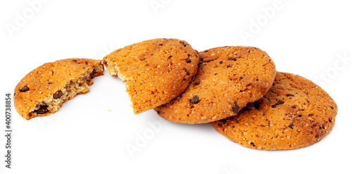 Pile of chocolate chip cookies isolated on white background