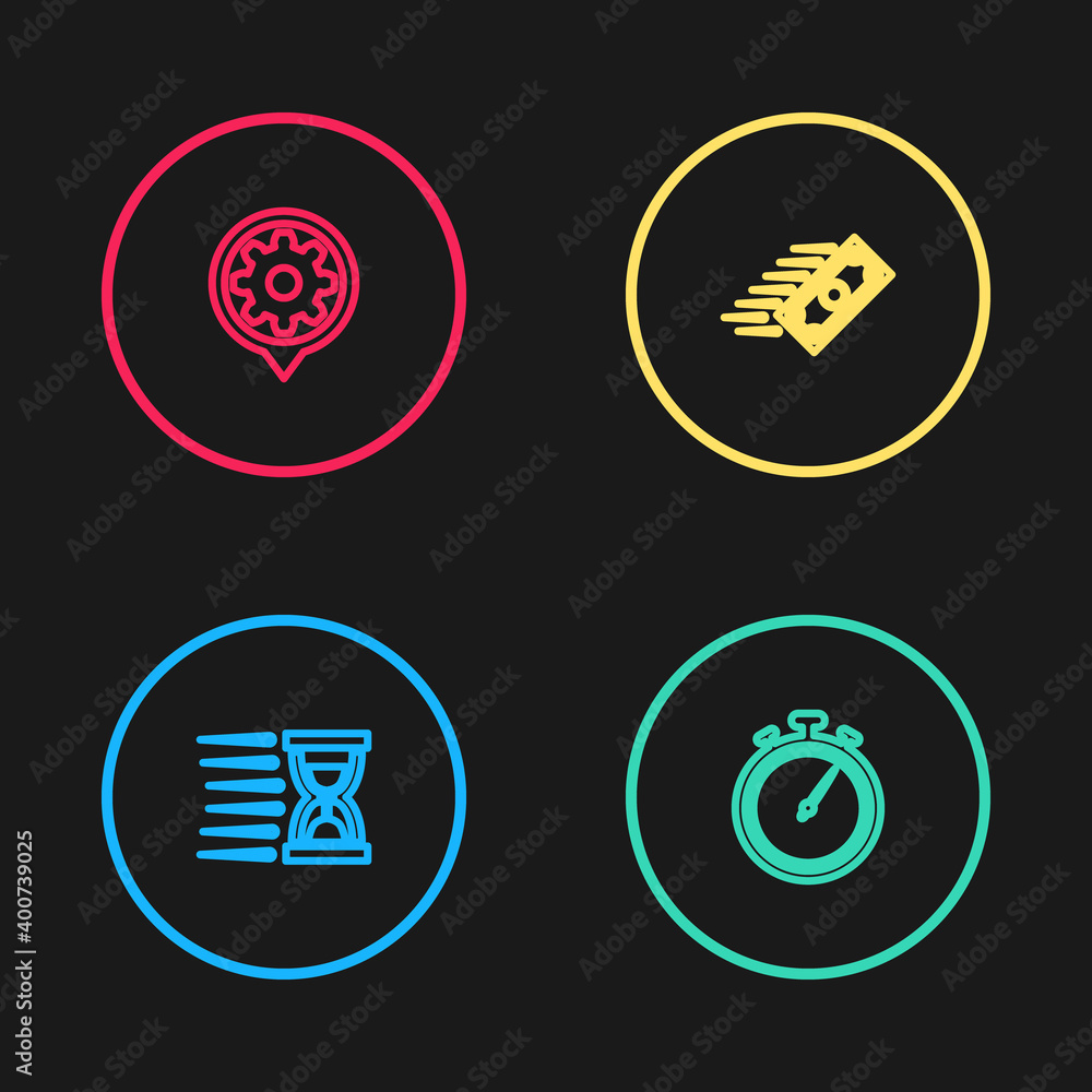 Set line Old hourglass with sand, Stopwatch, Fast payments and Setting icon. Vector. Set line Old hourglass with sand, Stopwatch, Fast payments and Setting icon. Vector.